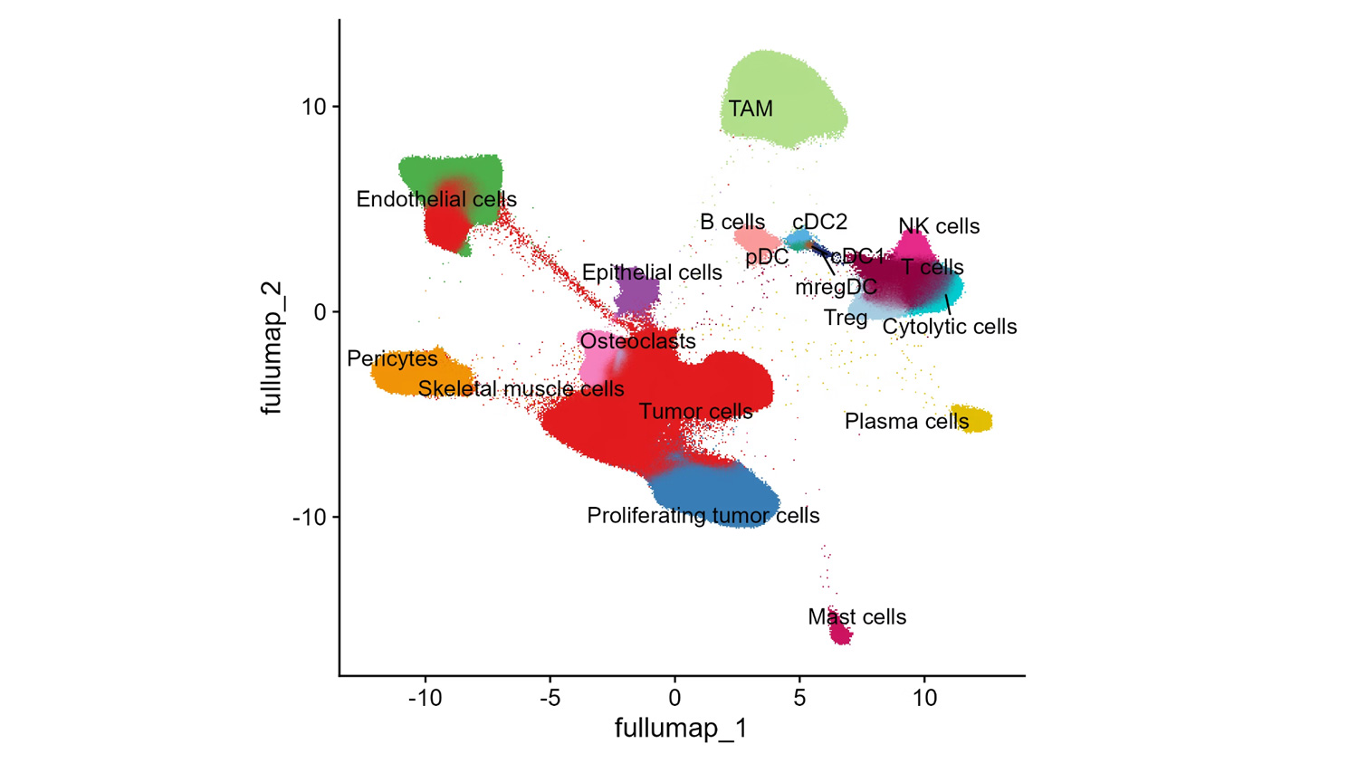 Cluster annotation from a 10x Genomics dataset analyzed by Explicyte's in-house bioinformatics team in Bordeaux